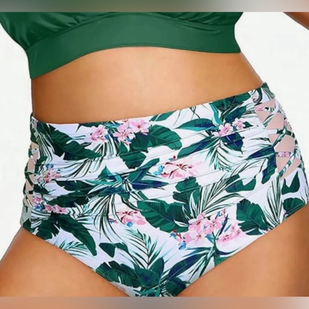 NWOT Yonique HIGH WAIST tummy control crisscross sides bikini bottom 24W
